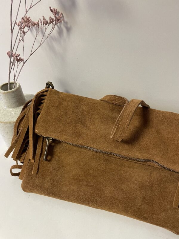 sac en cuir camel et franges