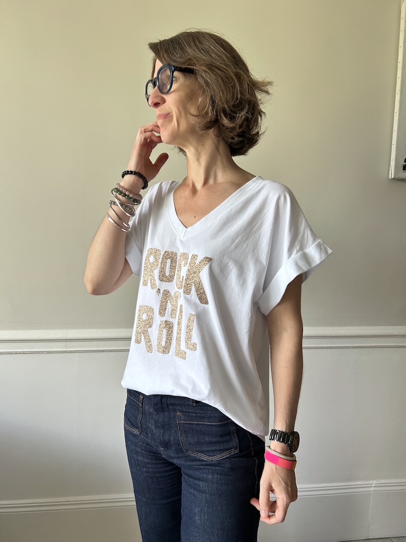 T-shirt Blanc “Rock n’Roll” – Paillettes Dorées | April Vintage