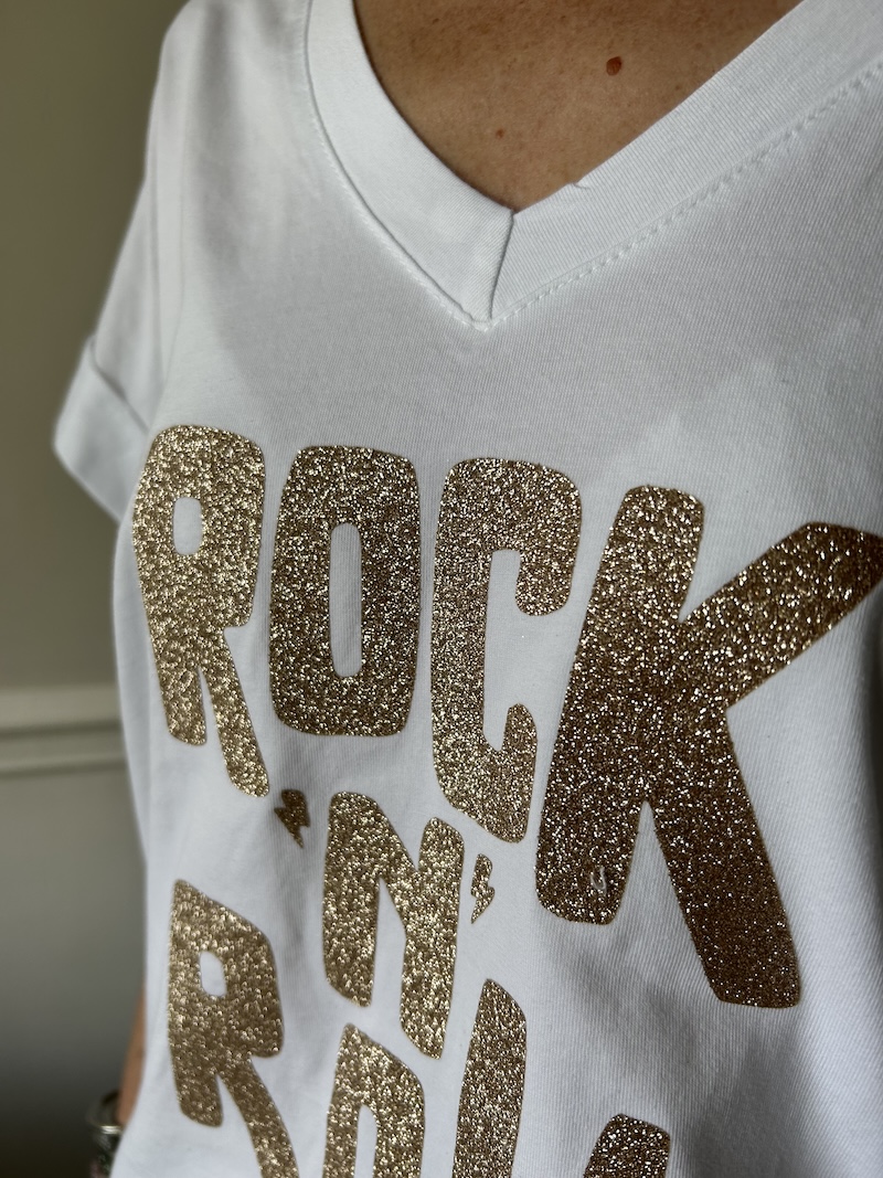 T-shirt Blanc “Rock n’Roll” – Paillettes Dorées | April Vintage