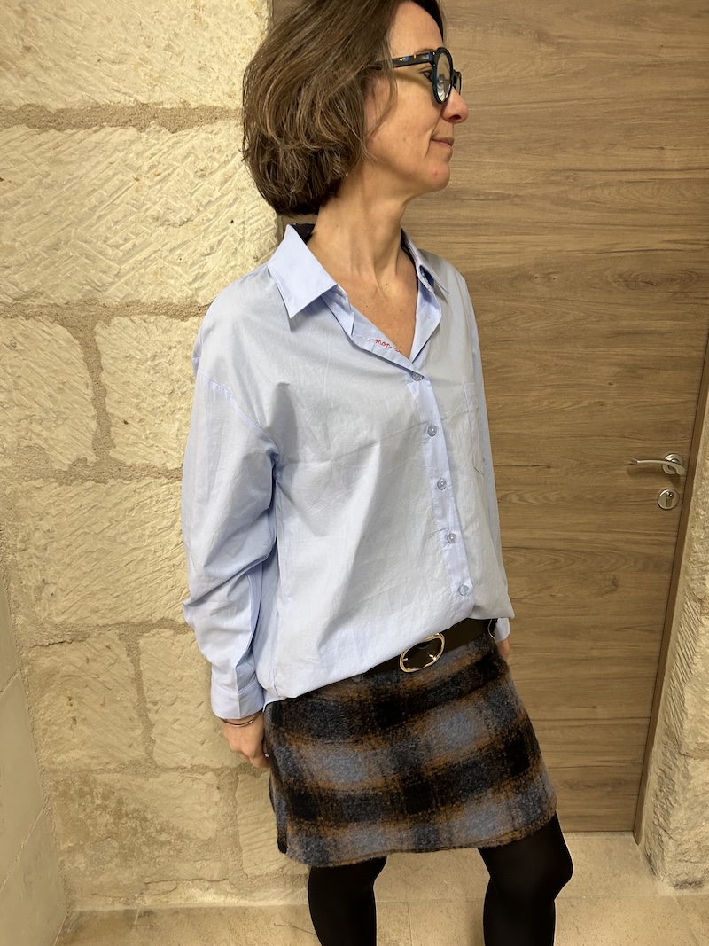 Jupe courte en laine bleue et camel – Taille unique – Ceinture similicuir