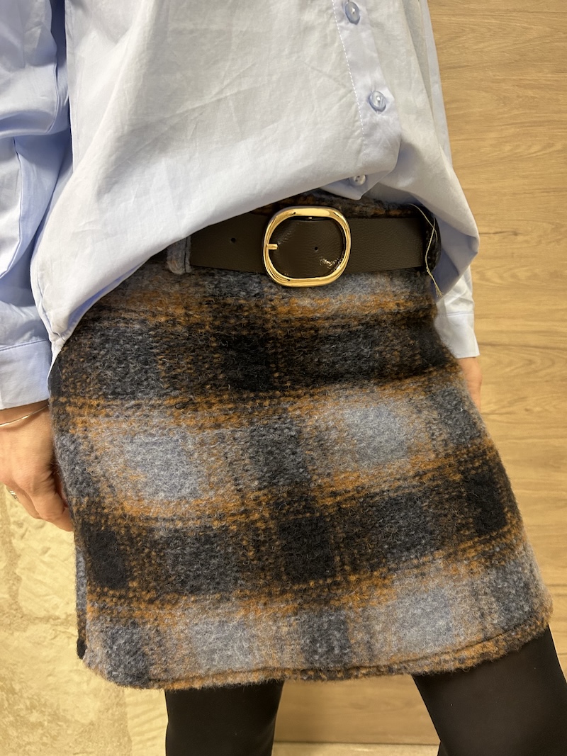 Jupe courte en laine bleue et camel – Taille unique – Ceinture similicuir