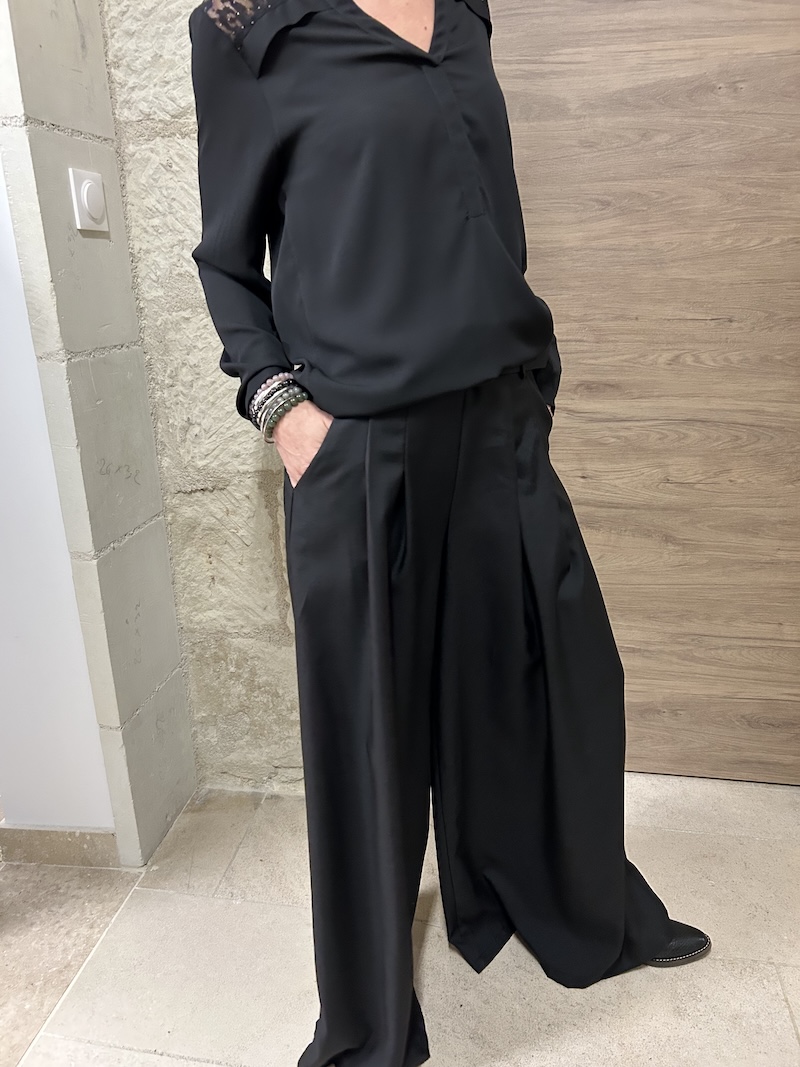 pantalon fluide, jambe large, noir, taille unique