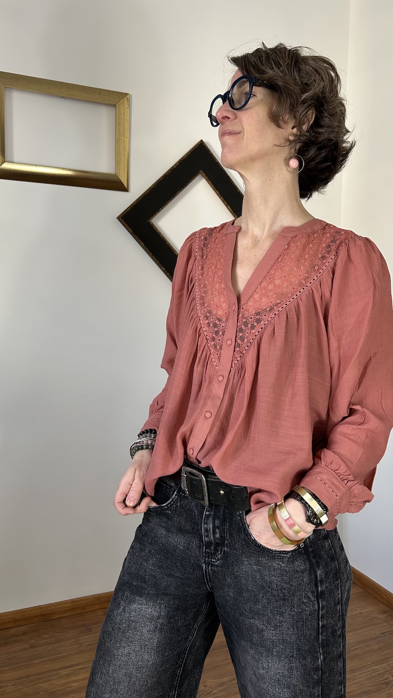 tunique vieux rose et broderie anglaise, manches longues, y'coo