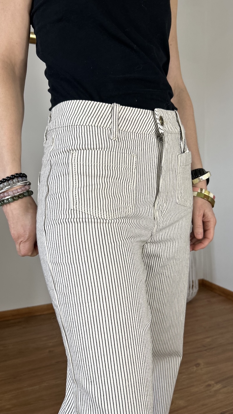 Pantalon taille haute beige rayé taupe – Oraije – Coupe confortable femme