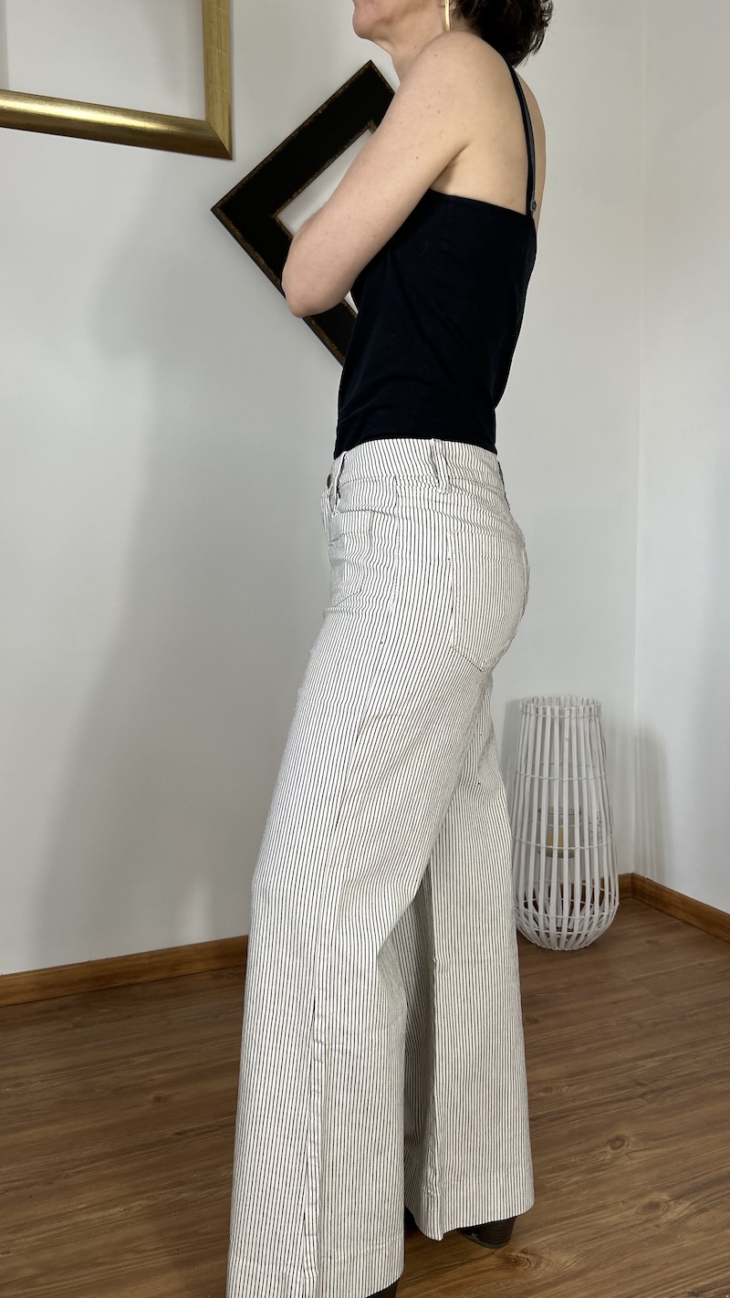 Pantalon taille haute beige rayé taupe – Oraije – Coupe confortable femme