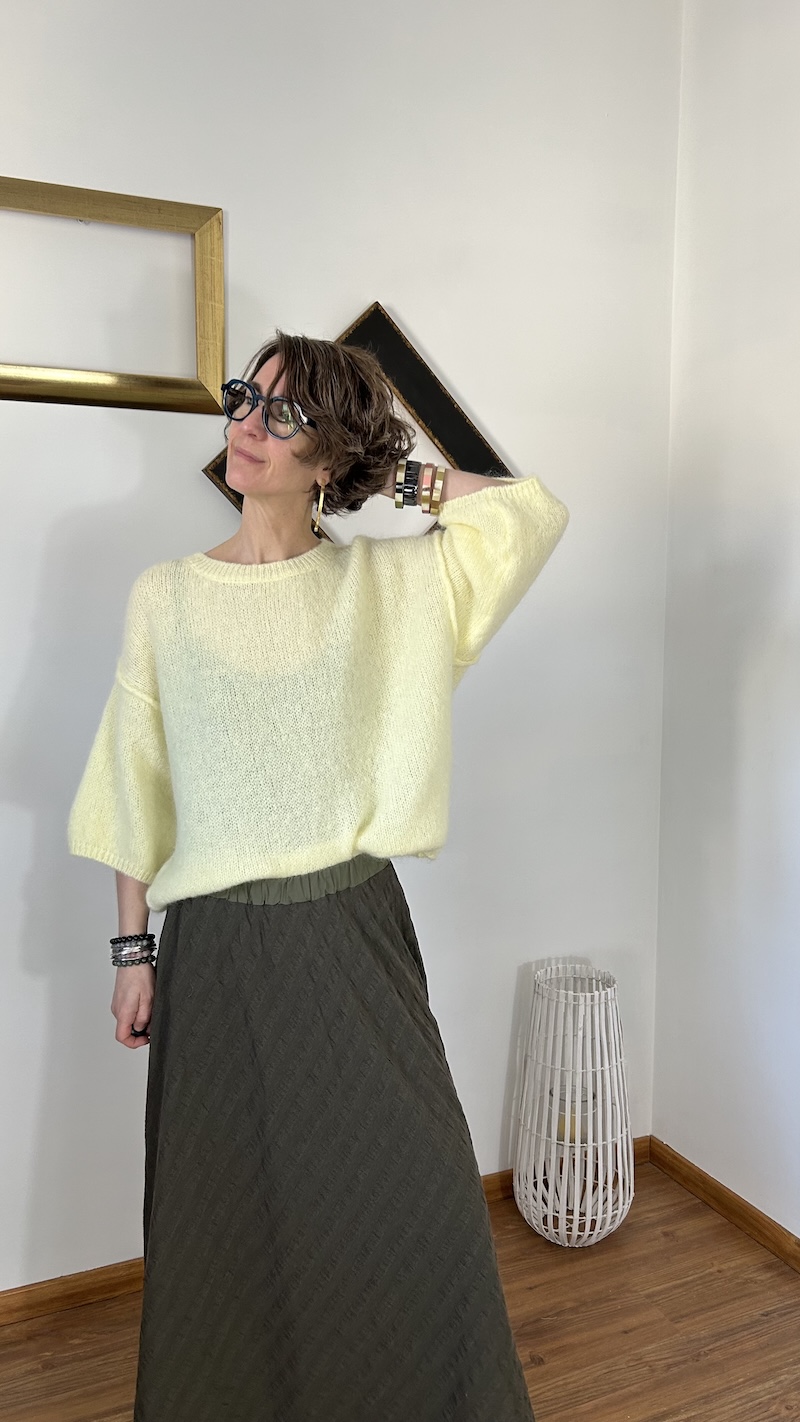 Pull jaune en mohair femme – Col rond – Manches 3/4 – Y’COO