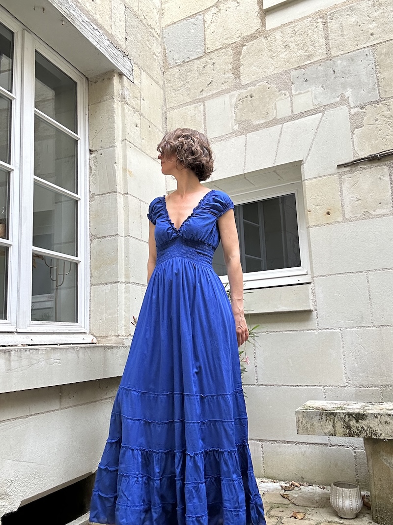 Robe longue bohème bleu électrique femme – Décolleté V – Taille unique
